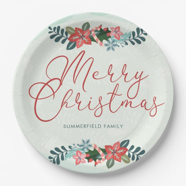 Merry Christmas Red Green Family Name Custom Paper Plate (Front)
