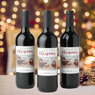 Merry Christmas Red Green Festive Family Photo Wine Label