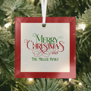 Merry Christmas Red Green Festive Retro Typography Glass Tree Decoration