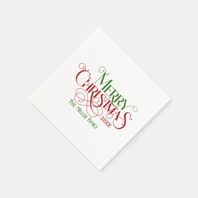 Merry Christmas Red Green Festive Retro Typography Napkin (Corner)