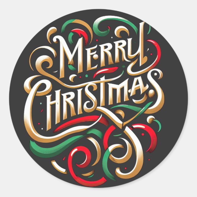Merry Christmas Red Green Gold Classic Round Sticker (Front)