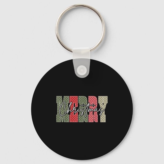 Merry Christmas Red Green Plaid Chequered Xmas Gir Key Ring (Front)