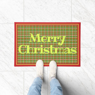 Merry Christmas Red Green Plaid Design Doormat