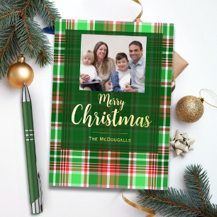Merry Christmas Red Green Plaid Photo Gold