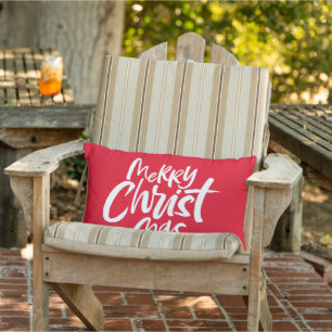 Merry Christmas Red Green Religious Lettering Lumbar Cushion