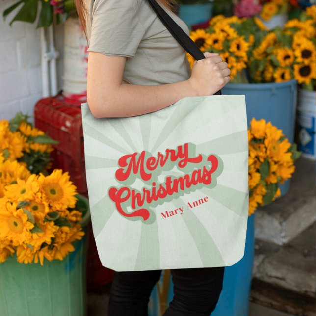 Merry Christmas Red Green Retro Calligraphy Script Tote Bag (Merry Christmas retro style red and green tote bag)