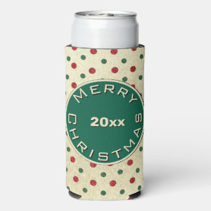 Merry Christmas Red Green Retro Dots Pattern Seltzer Can Cooler