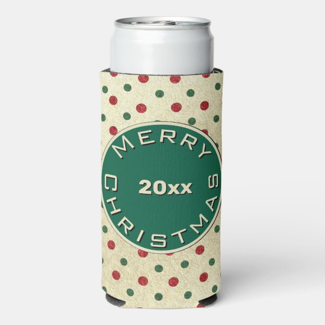 Merry Christmas Red Green Retro Dots Pattern Seltzer Can Cooler (Seltzer Back)