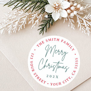 Merry Christmas red green script return address Classic Round Sticker
