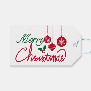 Merry Christmas Red & Green Script With Ornaments Gift Tags