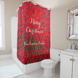 Merry Christmas Red Green Seasonal Abstract, Name, Shower Curtain