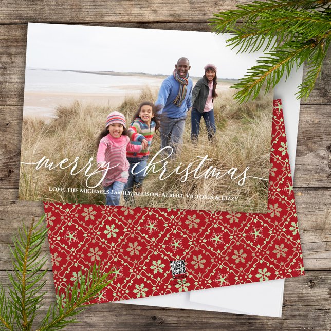 Merry Christmas Red Green Snowflake 1 Photo Holiday Card (Merry Christmas Calligraphy Script holiday photo card with elegant snowflake pattern)