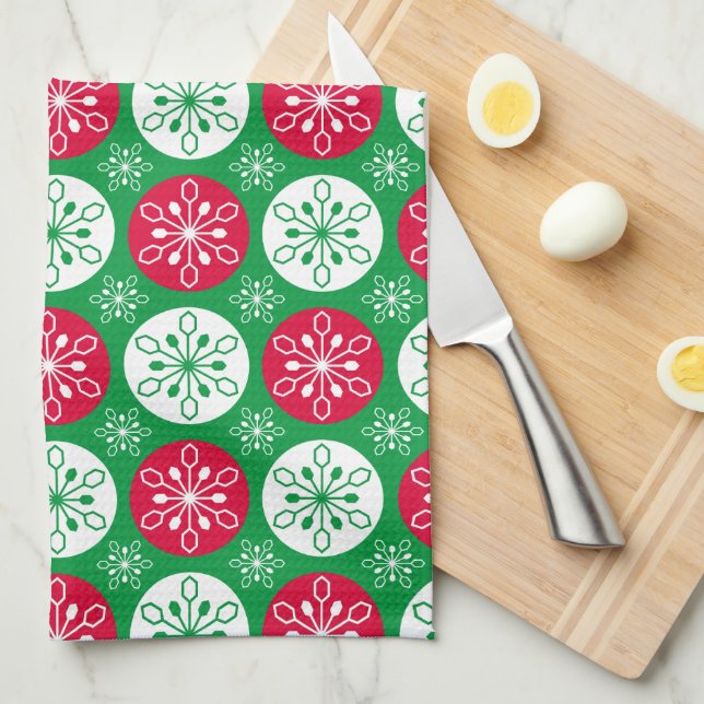 Merry Christmas Red & Green Snowflakes Tea Towel (Quarter Fold)