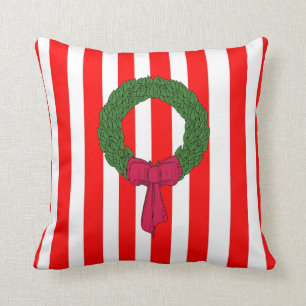 Merry Christmas red green stripe wreath cushions