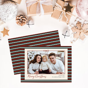 Merry Christmas Red & Green Striped 1 Photo Holiday Card