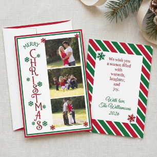 Merry Christmas Red Green Striped 3 Photo Family Holiday Card