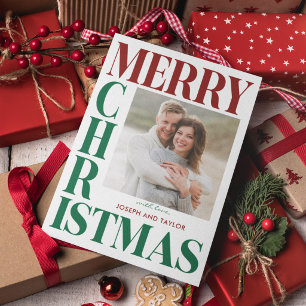 Merry Christmas Red Green Typography Square Photo Holiday Card