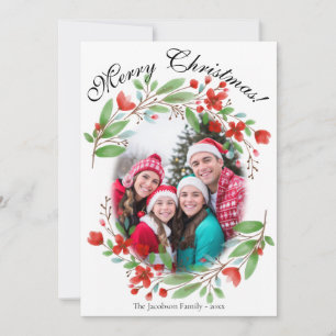 Merry Christmas Red Green Watercolor Floral Photo Holiday Card