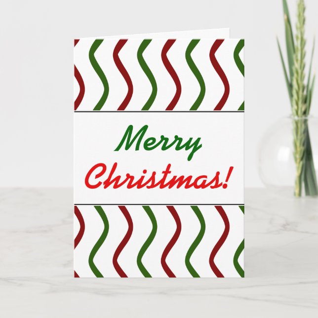 "Merry Christmas!"; Red & Green Wavy Lines Pattern Holiday Card (Front)