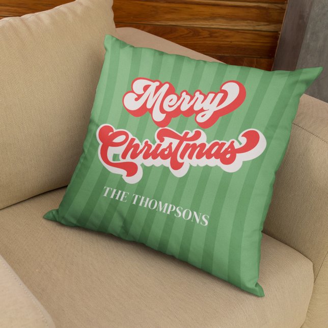 Merry Christmas Red Green Whimsical Retro Cushion (Merry Christmas red and green retro style typography throw pillow. )