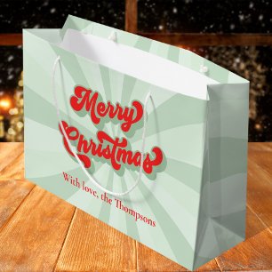 Merry Christmas Red Green Whimsical Retro Custom Large Gift Bag