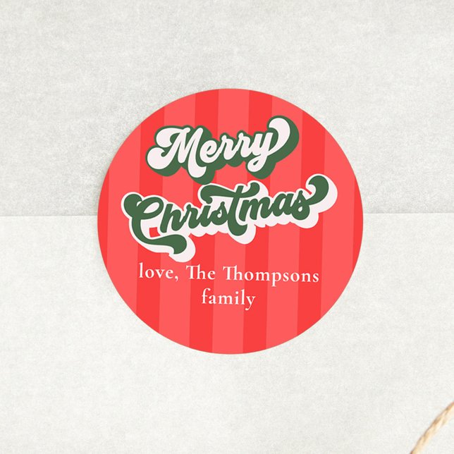 Merry Christmas Red Green Whimsical Typography Classic Round Sticker (Bold red and green simple circle sticker with red stripes.)