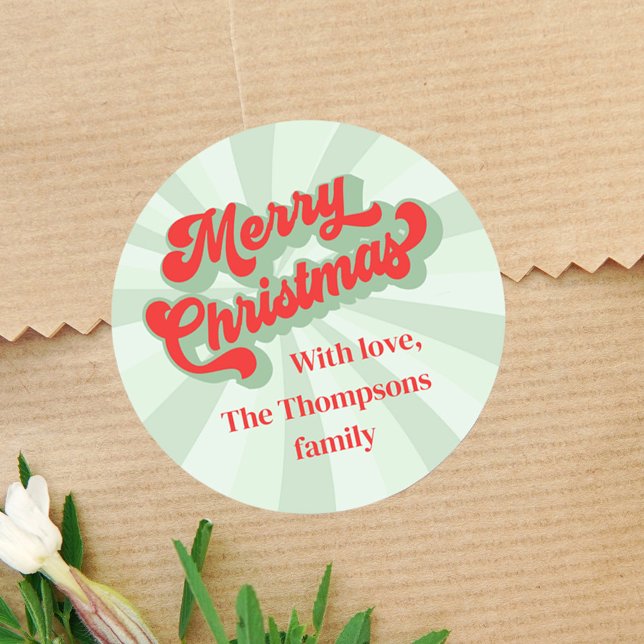 Merry Christmas Red Green Whimsical Typography Classic Round Sticker (Merry Christmas Holiday red and green custom sticker )