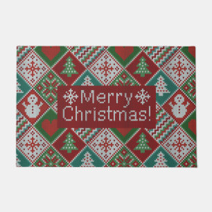Merry Christmas Red Green White Faux Knit Pattern Doormat