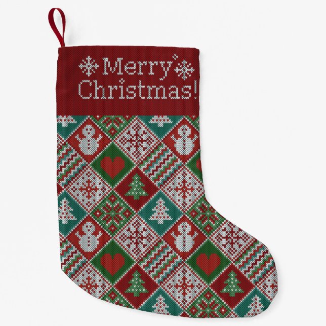 Merry Christmas Red Green White Faux Knit Pattern Small Christmas Stocking (Front)