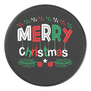 Merry Christmas Red Green White Hockey Puck