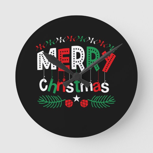 Merry Christmas Red Green White Round Clock (Front)