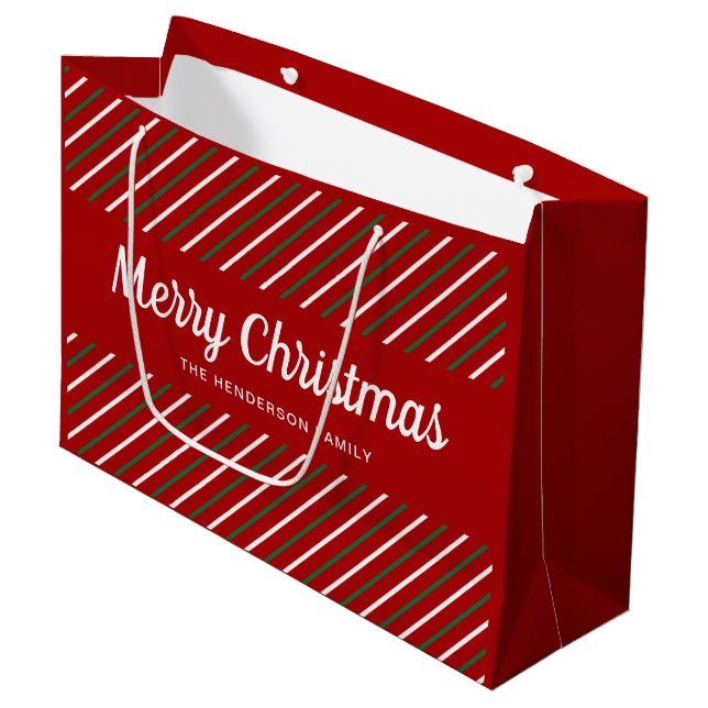 Merry Christmas Red Green White Stripes  Large Gift Bag (Front Angled)