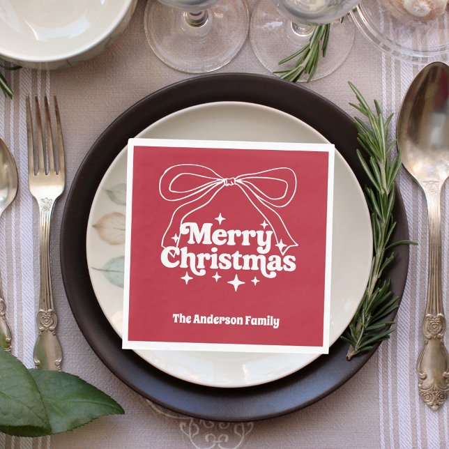 Merry Christmas red hand-drawn bow retro luncheon Napkin (Creator Uploaded)