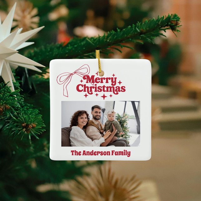 Merry Christmas red hand-drawn bow retro photo Ceramic Ornament (Creator Uploaded)
