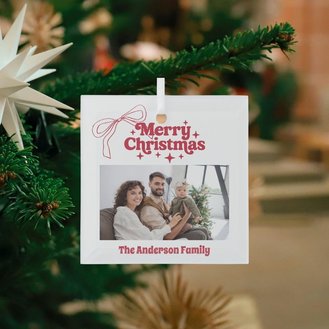 Merry Christmas red hand-drawn bow retro photo Glass Tree Decoration (Creator Uploaded)