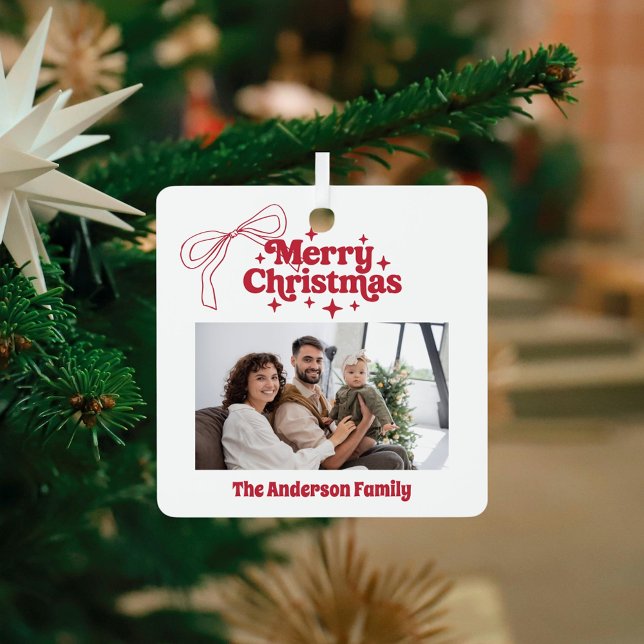 Merry Christmas red hand-drawn bow retro photo Metal Tree Decoration (Creator Uploaded)