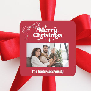 Merry Christmas red hand-drawn bow retro photo Square Sticker