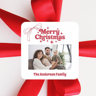 Merry Christmas red hand-drawn bow retro photo Square Sticker
