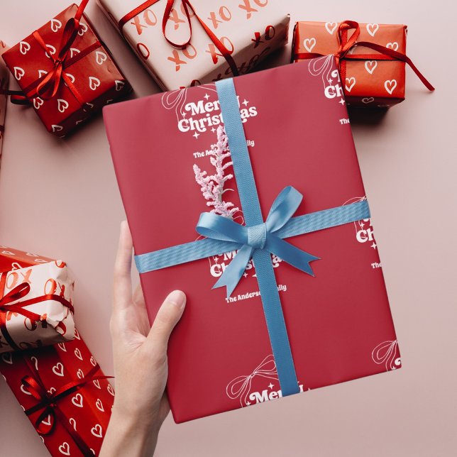 Merry Christmas red hand-drawn bow retro Wrapping Paper (Creator Uploaded)