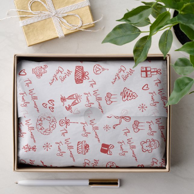 Merry Christmas Red Hand Drawn Doodles Custom Name Tissue Paper (Gift)