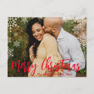 merry christmas red handwriting snowflakes photo postcard