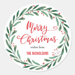 Merry Christmas Red Handwritten Script Wreath Classic Round Sticker