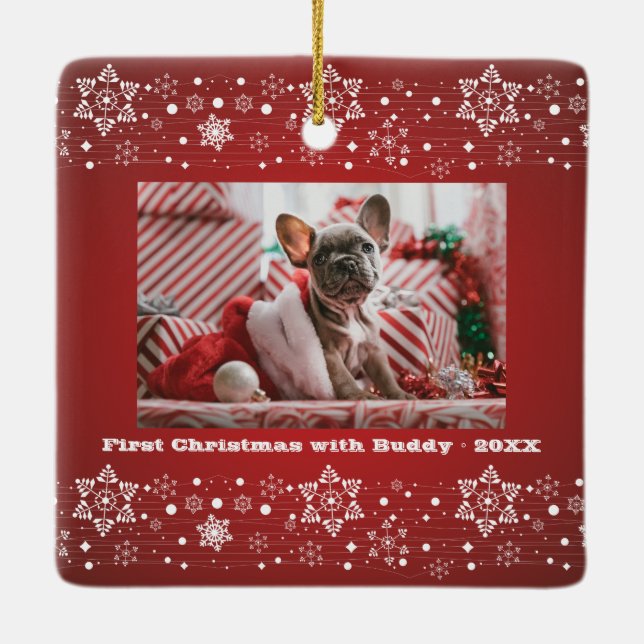 Merry Christmas red Happy New Year + Family Photo Ceramic Ornament (Back)