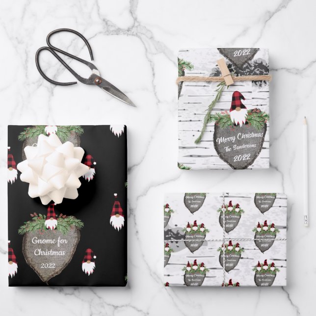 Merry  Christmas Red Hat Buffalo Plaid Gnomes Wrap Wrapping Paper Sheet (Front)