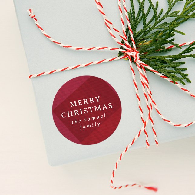 Merry Christmas red holiday plaid personalised Classic Round Sticker (Creator Uploaded)
