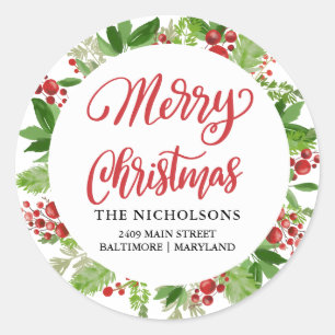 Merry Christmas Red Holiday Wreath Script Classic Round Sticker