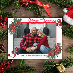 merry christmas red holly berries floral photo  postcard
