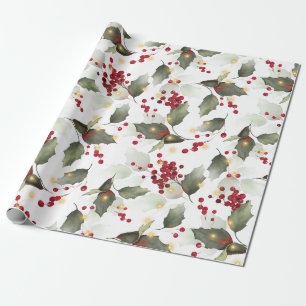 Merry Christmas Red Holly Berries Gold Lights  Wrapping Paper