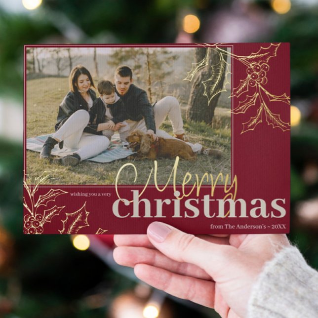 Merry Christmas Red Holly Berry Gold Custom Photo (Merry Christmas Red Holly Berry Gold Custom Photo Foil Holiday Card)