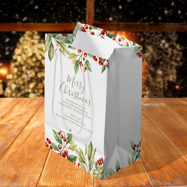 Merry Christmas Red Holly Greenery Custom Medium Gift Bag (Merry Christmas holiday custom gift bag Medium)